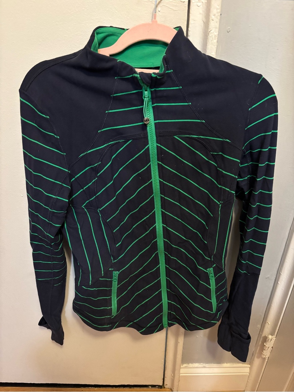 lululemon forme Navy Jacket with Green Stripe Detail